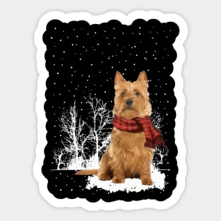 Christmas Australian Terrier With Scarf In Winter Forest Sticker